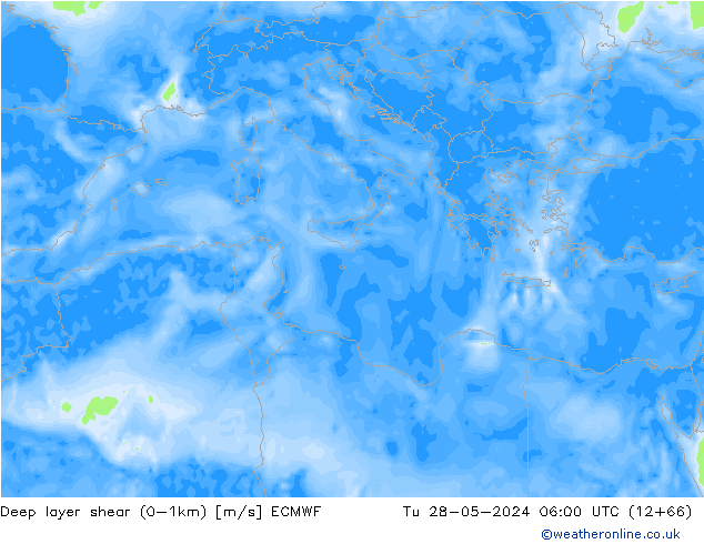Deep layer shear (0-1km) ECMWF вт 28.05.2024 06 UTC