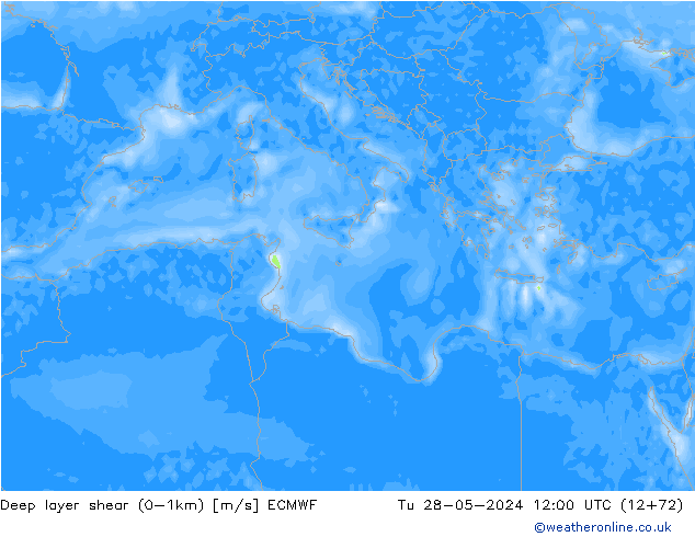 Deep layer shear (0-1km) ECMWF Tu 28.05.2024 12 UTC