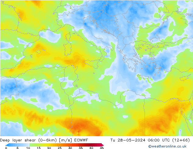 Deep layer shear (0-6km) ECMWF Út 28.05.2024 06 UTC