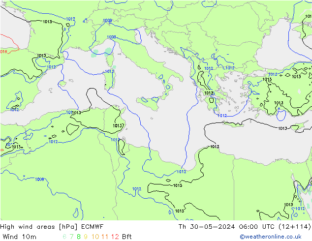 High wind areas ECMWF Th 30.05.2024 06 UTC