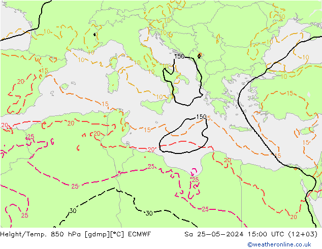 Height/Temp. 850 hPa ECMWF Sa 25.05.2024 15 UTC