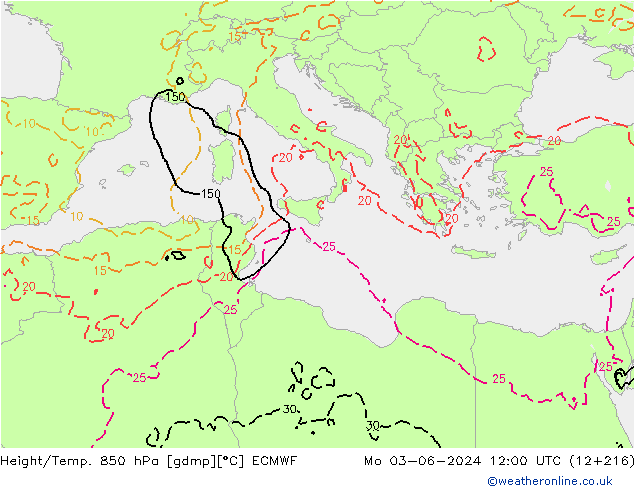 Géop./Temp. 850 hPa ECMWF lun 03.06.2024 12 UTC