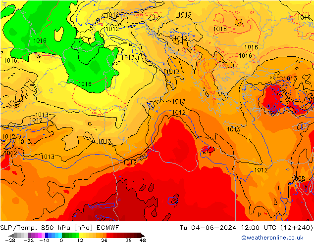 SLP/Temp. 850 hPa ECMWF  04.06.2024 12 UTC