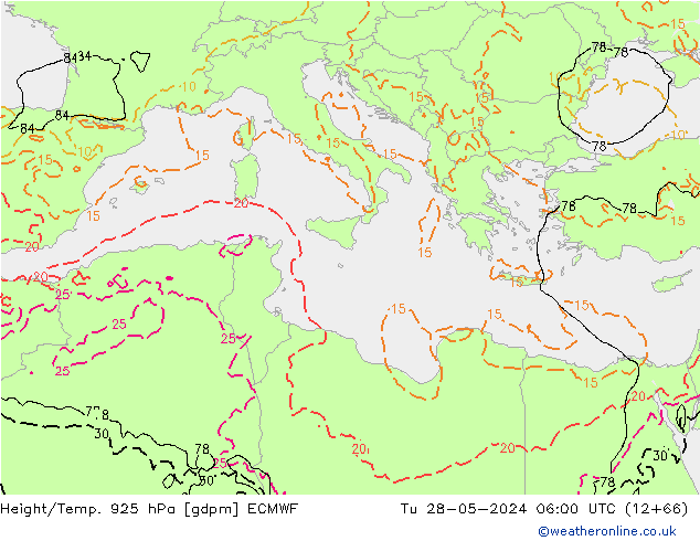 Height/Temp. 925 hPa ECMWF Út 28.05.2024 06 UTC