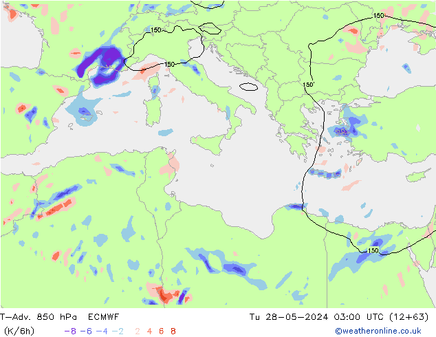 T-Adv. 850 hPa ECMWF Út 28.05.2024 03 UTC