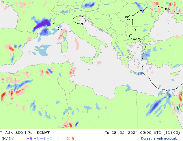 T-Adv. 850 hPa ECMWF mar 28.05.2024 09 UTC