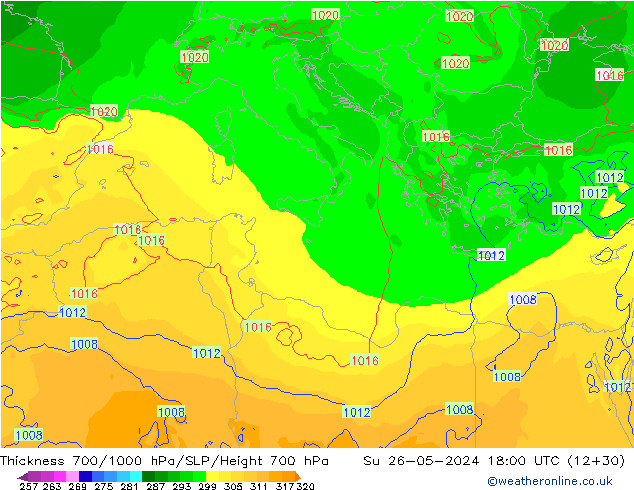 Thck 700-1000 гПа ECMWF Вс 26.05.2024 18 UTC