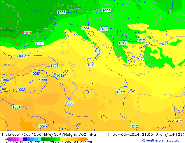 Thck 700-1000 hPa ECMWF Th 30.05.2024 21 UTC