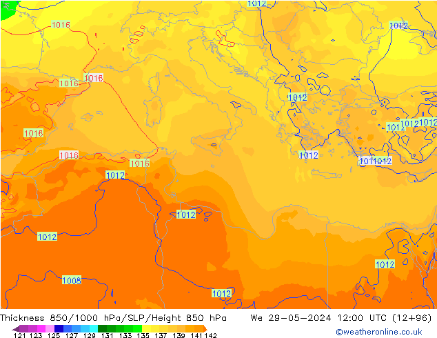 Dikte 850-1000 hPa ECMWF wo 29.05.2024 12 UTC