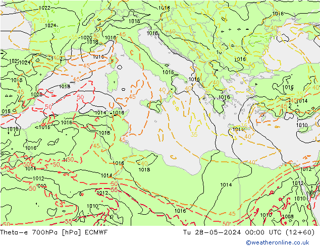 Theta-e 700hPa ECMWF Út 28.05.2024 00 UTC
