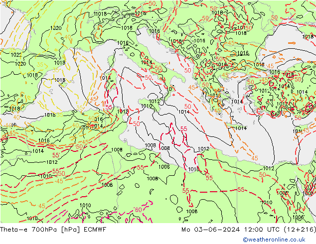 Theta-e 700hPa ECMWF lun 03.06.2024 12 UTC