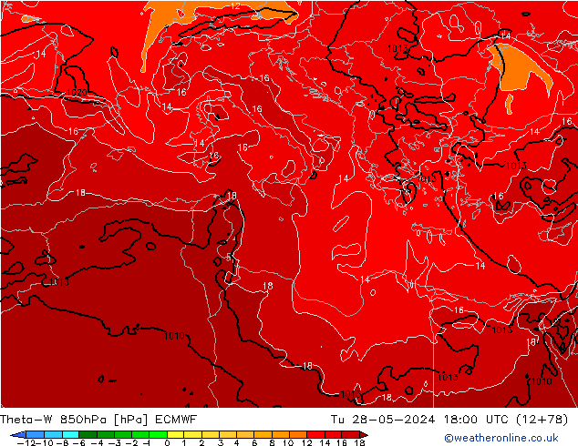 Theta-W 850hPa ECMWF Ter 28.05.2024 18 UTC