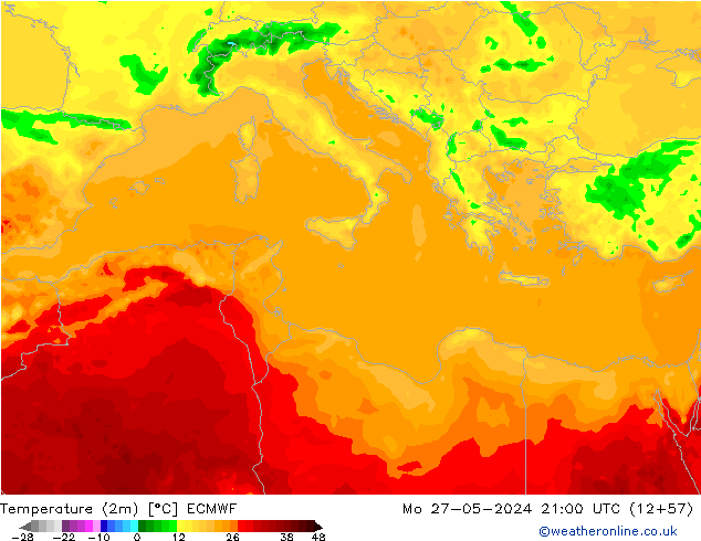 Temperature (2m) ECMWF Mo 27.05.2024 21 UTC