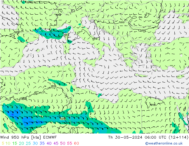 Vento 950 hPa ECMWF Qui 30.05.2024 06 UTC