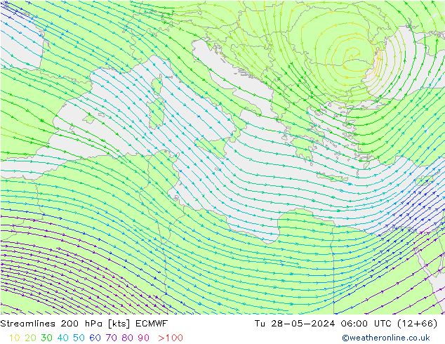 Streamlines 200 hPa ECMWF Tu 28.05.2024 06 UTC