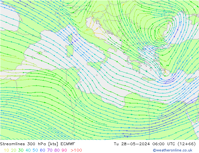 Streamlines 300 hPa ECMWF Tu 28.05.2024 06 UTC