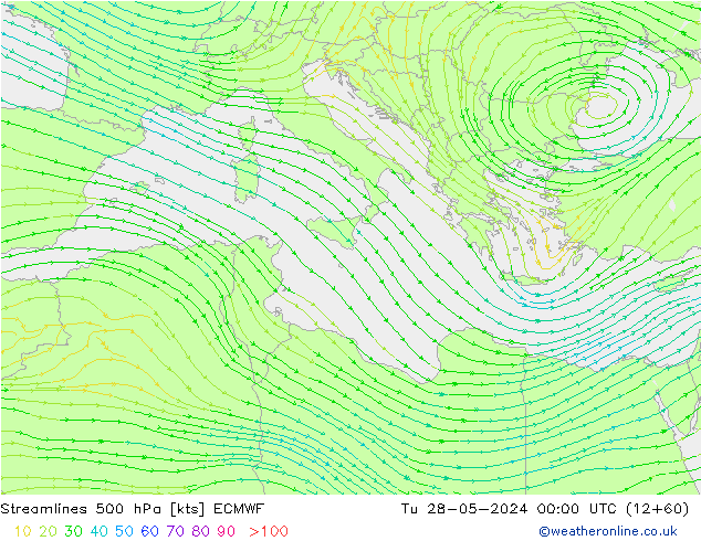 Streamlines 500 hPa ECMWF Tu 28.05.2024 00 UTC