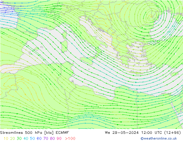 Stroomlijn 500 hPa ECMWF wo 29.05.2024 12 UTC