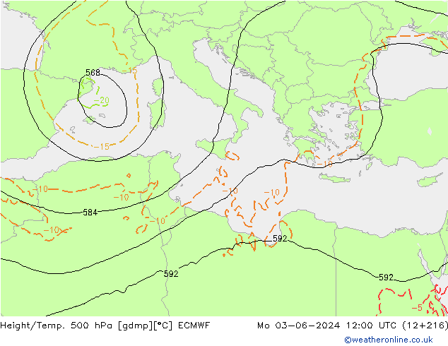 Z500/Rain (+SLP)/Z850 ECMWF Mo 03.06.2024 12 UTC