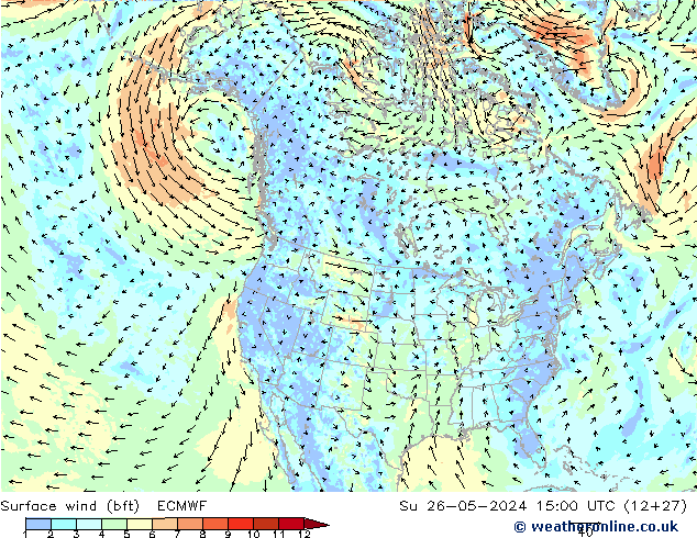 Wind 10 m (bft) ECMWF zo 26.05.2024 15 UTC