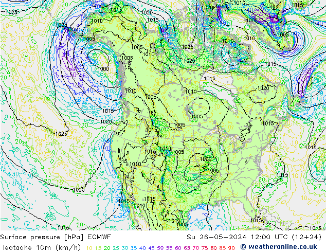 Isotachs (kph) ECMWF dim 26.05.2024 12 UTC