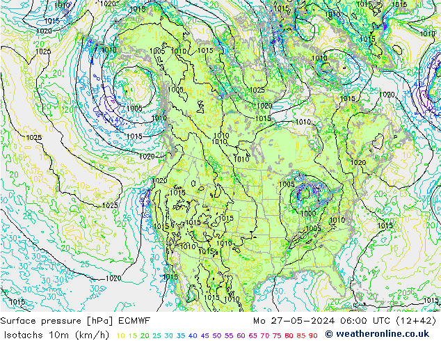 Isotachs (kph) ECMWF lun 27.05.2024 06 UTC