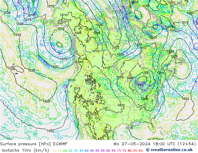 Isotachs (kph) ECMWF пн 27.05.2024 18 UTC