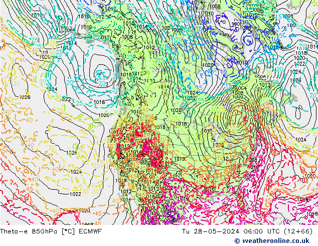 Theta-e 850hPa ECMWF wto. 28.05.2024 06 UTC