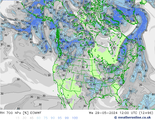 Humidité rel. 700 hPa ECMWF mer 29.05.2024 12 UTC