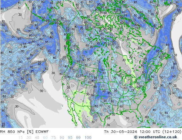 Humedad rel. 850hPa ECMWF jue 30.05.2024 12 UTC