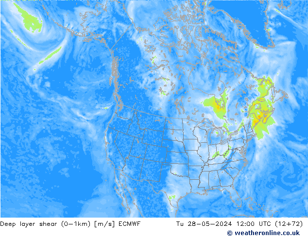 Deep layer shear (0-1km) ECMWF wto. 28.05.2024 12 UTC