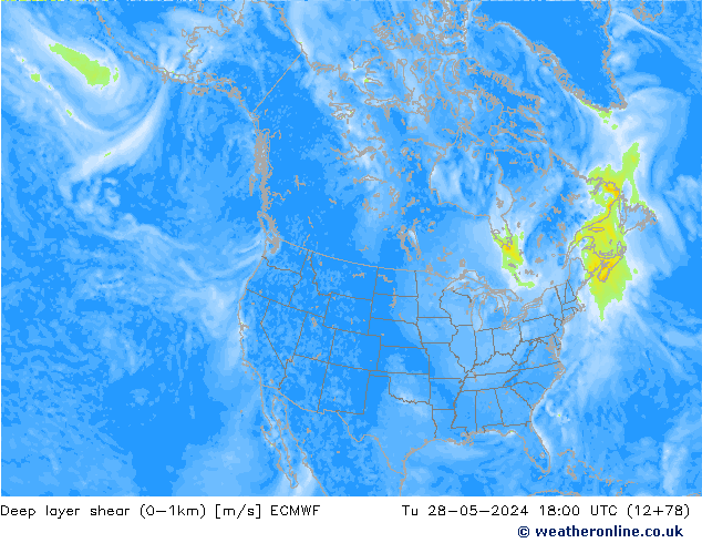 Deep layer shear (0-1km) ECMWF mar 28.05.2024 18 UTC