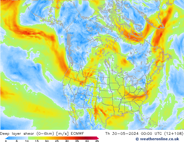 Deep layer shear (0-6km) ECMWF Do 30.05.2024 00 UTC