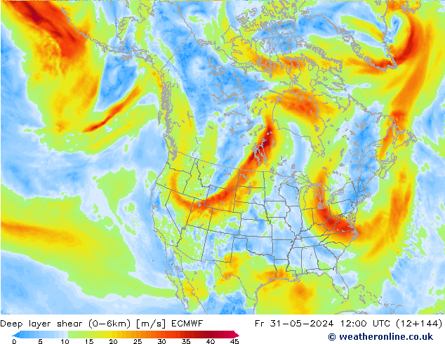 Deep layer shear (0-6km) ECMWF Fr 31.05.2024 12 UTC