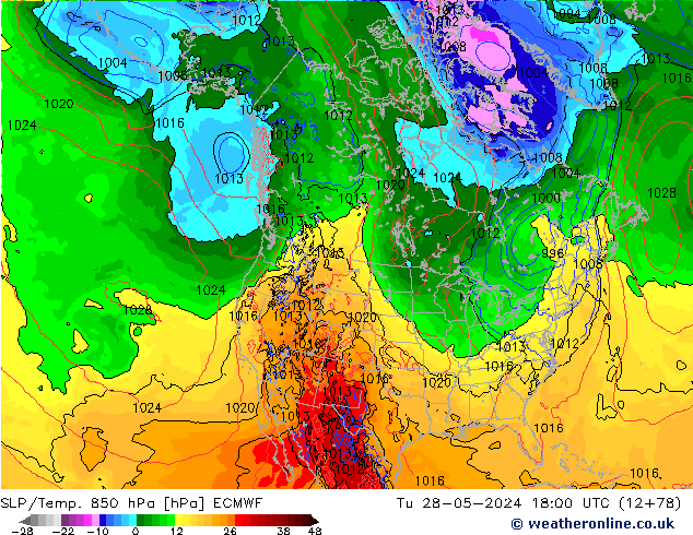 SLP/Temp. 850 hPa ECMWF Út 28.05.2024 18 UTC