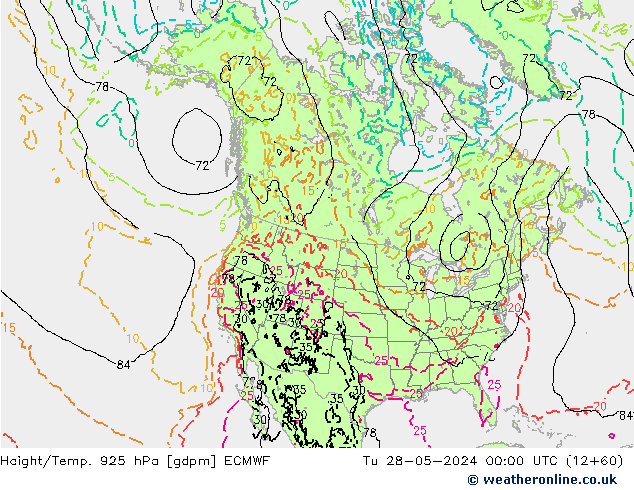 Height/Temp. 925 hPa ECMWF Út 28.05.2024 00 UTC