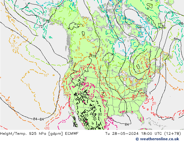 Height/Temp. 925 hPa ECMWF Út 28.05.2024 18 UTC