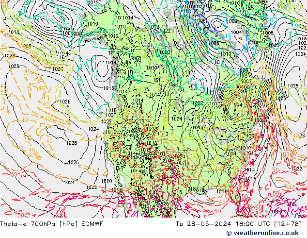 Theta-e 700hPa ECMWF mar 28.05.2024 18 UTC