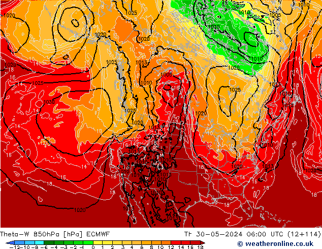 Theta-W 850hPa ECMWF jue 30.05.2024 06 UTC