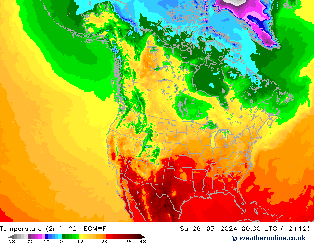 Temperatuurkaart (2m) ECMWF zo 26.05.2024 00 UTC