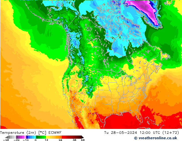 Temperatuurkaart (2m) ECMWF di 28.05.2024 12 UTC