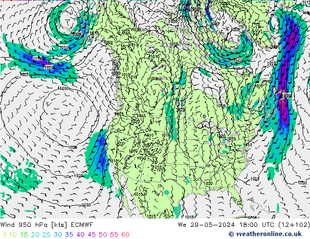 Wind 950 hPa ECMWF We 29.05.2024 18 UTC