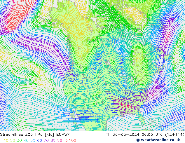 Linea di flusso 200 hPa ECMWF gio 30.05.2024 06 UTC