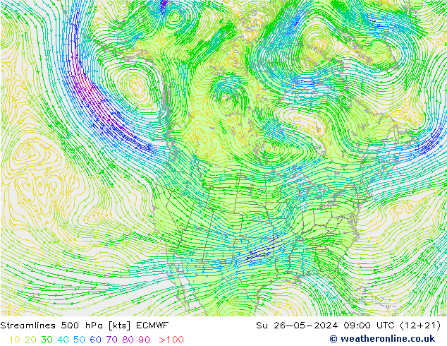 Linea di flusso 500 hPa ECMWF dom 26.05.2024 09 UTC