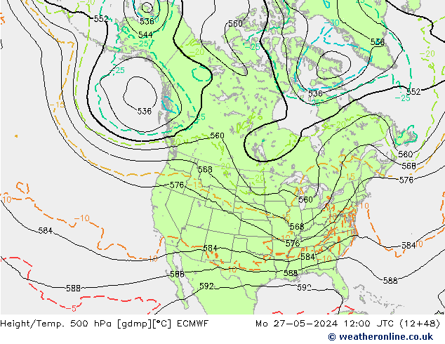 Z500/Yağmur (+YB)/Z850 ECMWF Pzt 27.05.2024 12 UTC