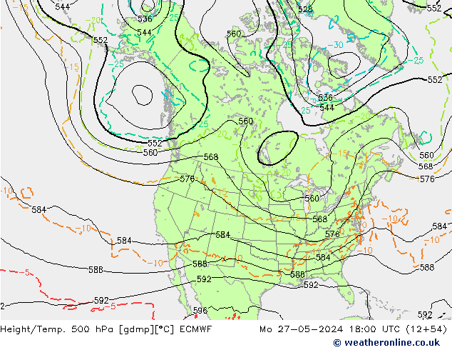 Z500/Rain (+SLP)/Z850 ECMWF Mo 27.05.2024 18 UTC