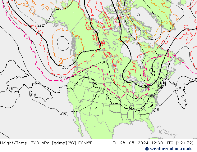 Hoogte/Temp. 700 hPa ECMWF di 28.05.2024 12 UTC