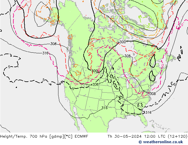 Geop./Temp. 700 hPa ECMWF jue 30.05.2024 12 UTC