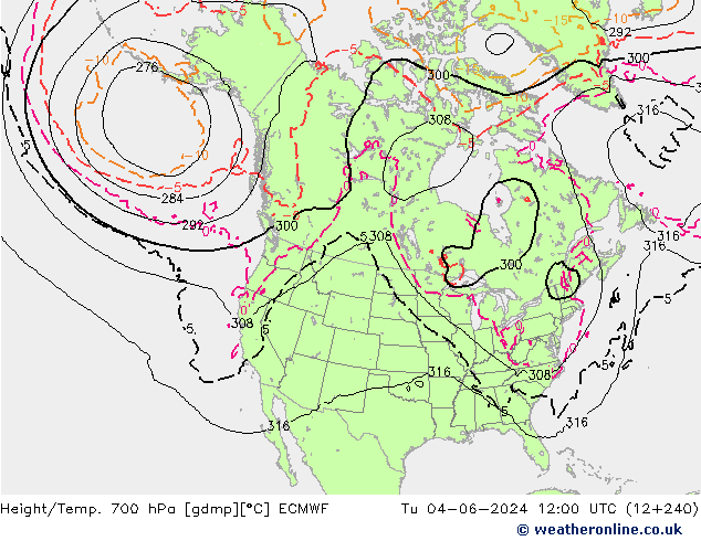 Height/Temp. 700 hPa ECMWF Tu 04.06.2024 12 UTC