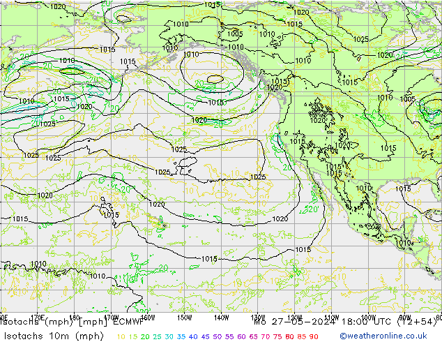 Isotachen (mph) ECMWF Mo 27.05.2024 18 UTC